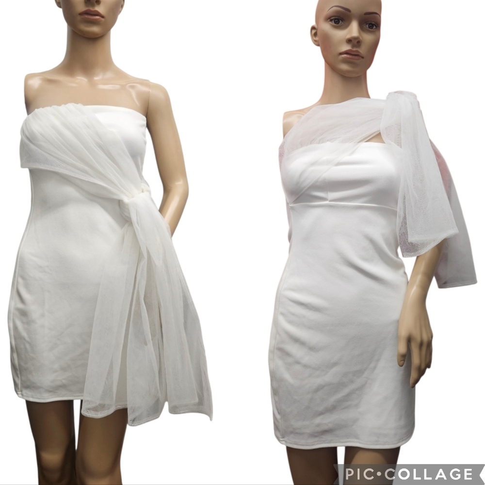 Lulu's Strapless White Dress with Sheer Overlay